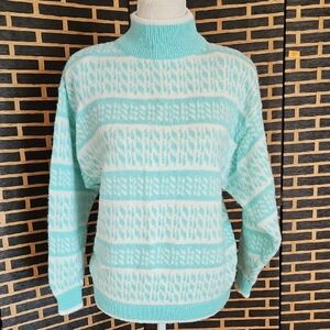 Vintage Idioms 90s Sweater Dropped Padded Shoulder Mock Turtle Neck M Aqua & Whi